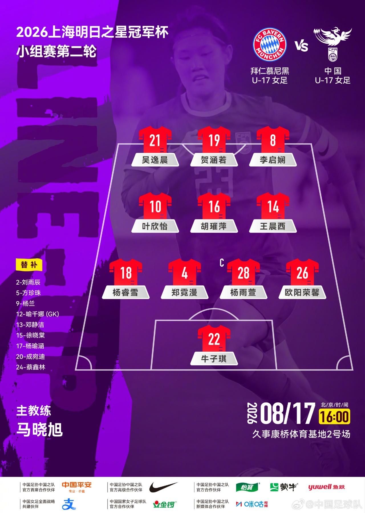 中国U-17女足首发出炉 迎战拜仁U-17